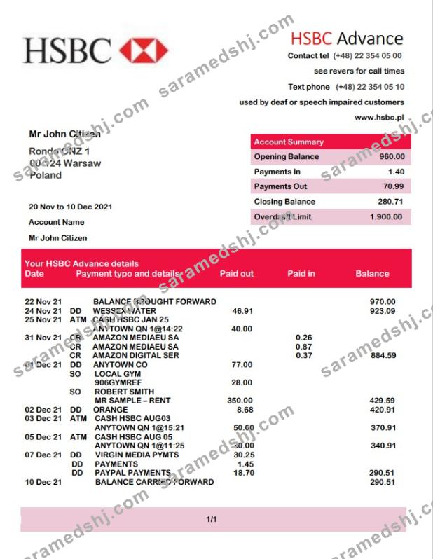 Poland HSBC bank statement